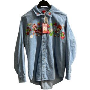 Strawberry Shortcake Shacket Womens L Blue Corduroy Embroidered Oversized Shirt